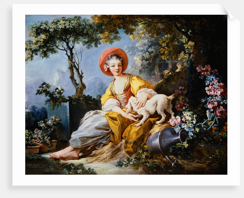 A Young Woman Seated with a Dog and a Watering Can in a Garden by Jean-Honore Fragonard