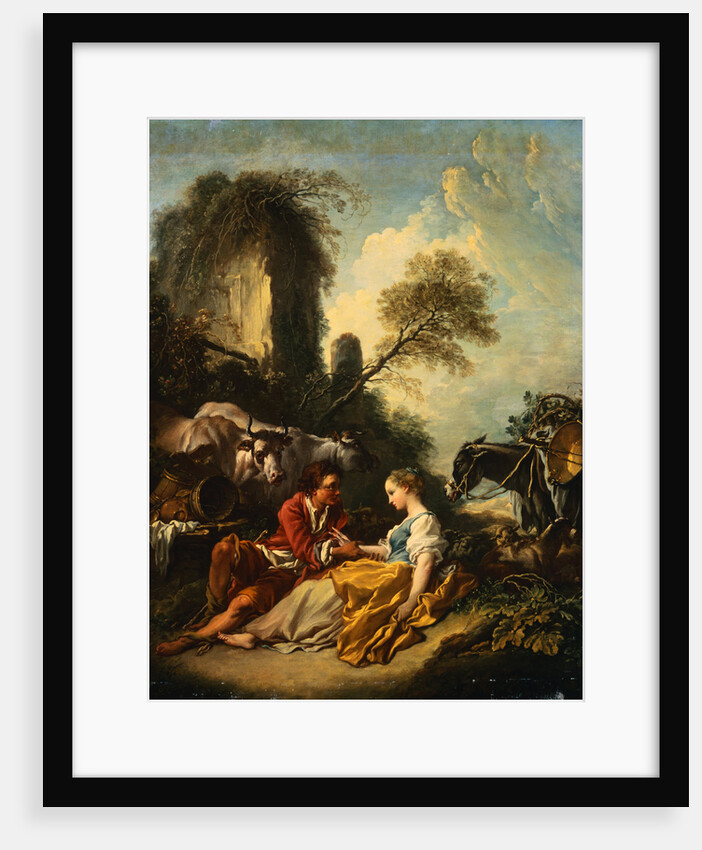 A Pastoral Landscape with a Shepherd and Shepherdess Seated by Ruins by Francois Boucher
