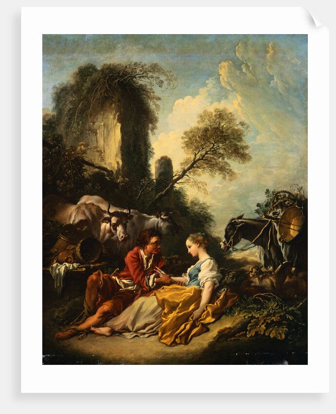 A Pastoral Landscape with a Shepherd and Shepherdess Seated by Ruins by Francois Boucher