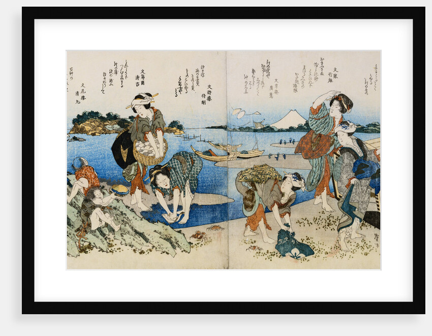 Kakuban Surimono Diptych Women and Boys Gathering Clams on the Seashore Near Enoshima by Katsushika Taito II
