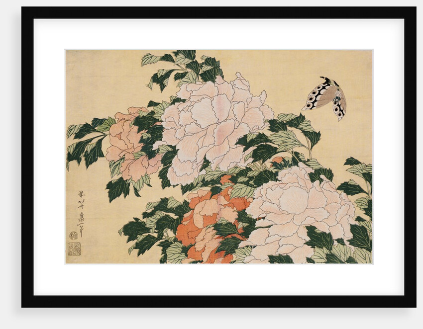 Pink and Red Peonies Blown to the Left in a Breeze and a Butterfly by HOKUSAI