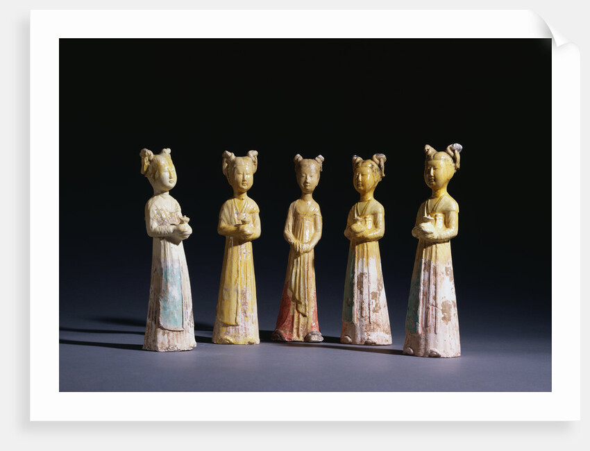 A Group of Five Painted Straw-Glazed Pottery Figures of Female Attendants, Tang Dynasty by Anonymous