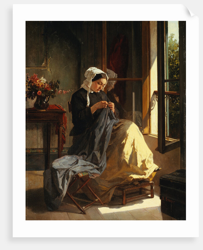 A Woman Sewing by an Open Window by Jules Trayer