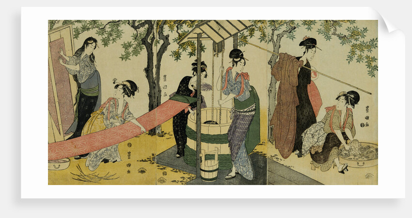 A Triptych of Girls Washing and Stretching Cloth Under the Trees by Toyokuni