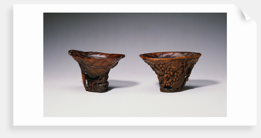 Two Chinese Rhinoceros Horn Libation Cups with Carved Designs by Anonymous