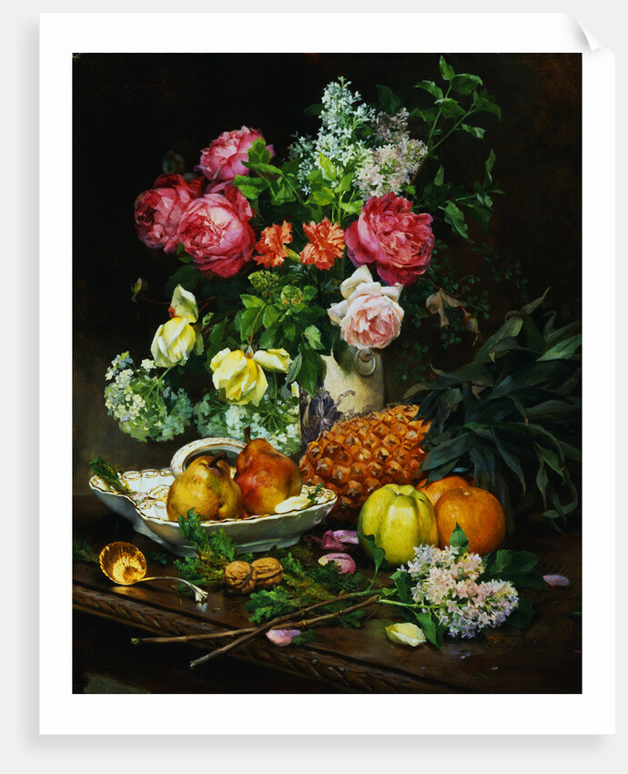 Painting of Roses in a Vase, Pears in a Porcelain Bowl and Fruit on an Oak Table by Anonymous