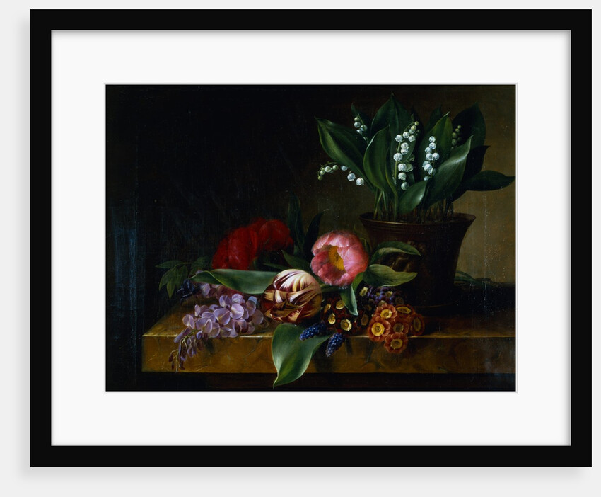 Painting of a Lily of the Valley, Tulips, Primula and Other Flowers on a Ledge by Hanne Hellesen