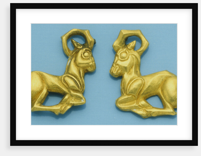 Pair of Ziwiye Gold Ibex Bracteate in the Form of Opposing Ibex, Reclining with Feet Folded. Circa Late 8th-7th Century B.C. by Anonymous