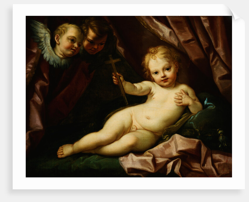 The Infant Christ Reclining Before a Red Curtain, with Two Angels by Giovanni Andrea Sirani