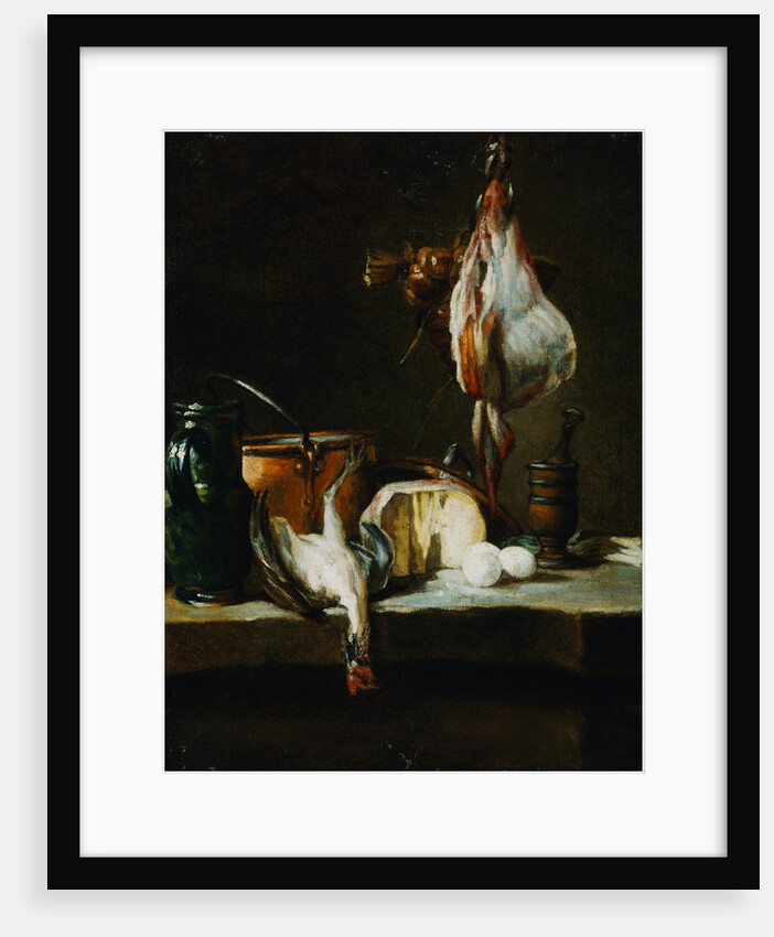 A Ray-Fish, a Basket of Onions, a Green Jug, a Copper Pot, a Chicken, a Wheel of Cheese, Eggs and a Mortar and Pestle on a Stone Ledge by 18th Century French Artist by Anonymous