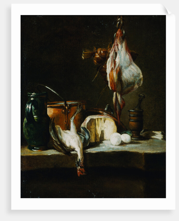 A Ray-Fish, a Basket of Onions, a Green Jug, a Copper Pot, a Chicken, a Wheel of Cheese, Eggs and a Mortar and Pestle on a Stone Ledge by 18th Century French Artist by Anonymous