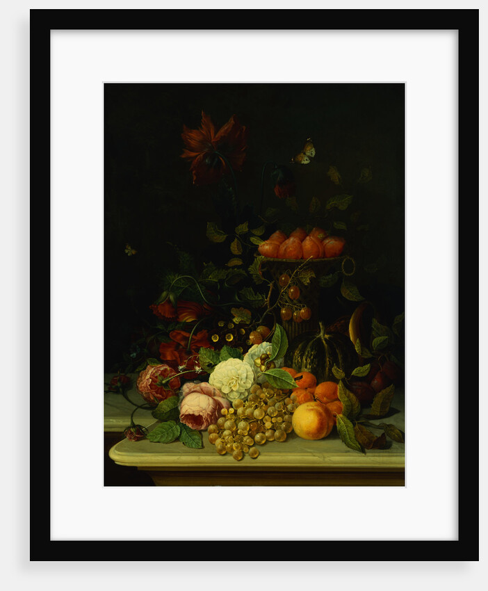 Peonies, Dahlias, an Epergne of Plums, Apples, Grapes, Other Flowers and Melons on a Stone Ledge by Jan Frans Van Dael