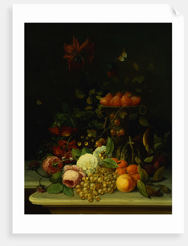 Peonies, Dahlias, an Epergne of Plums, Apples, Grapes, Other Flowers and Melons on a Stone Ledge by Jan Frans Van Dael