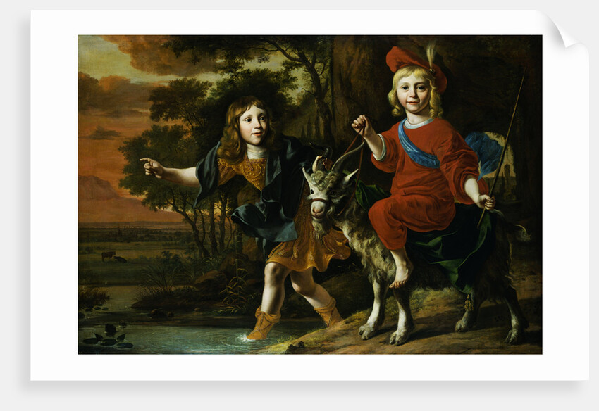 Portrait of a Young Boy Wearing Classical Dress and His Brother Seated on a Goat in an Extensive Landscape by Christoffel Pierson