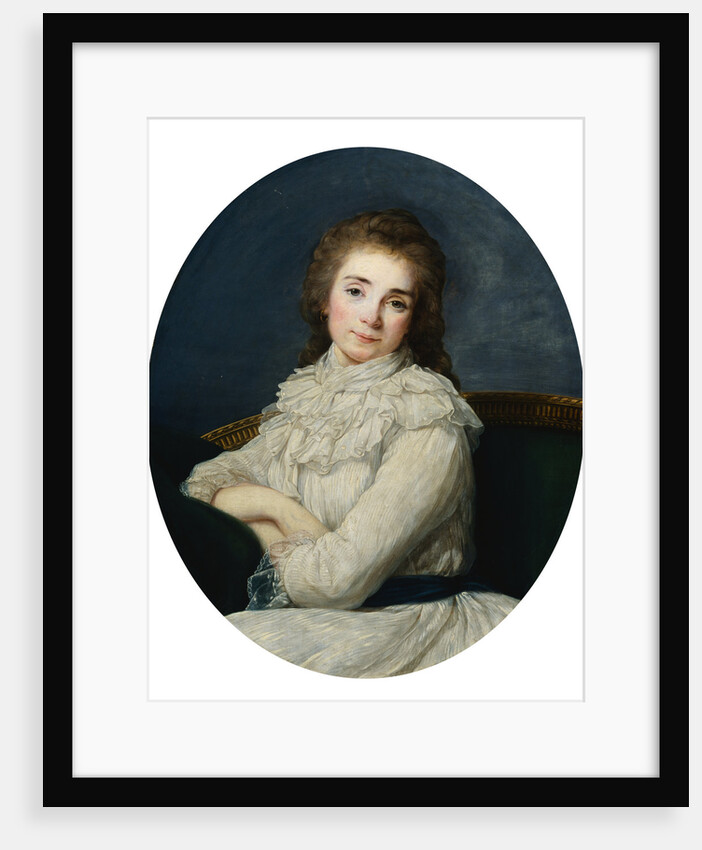 Portrait of a Lady Wearing a White Dress Tied With a Blue Sash On a Sofa by Angelica Kaufmann