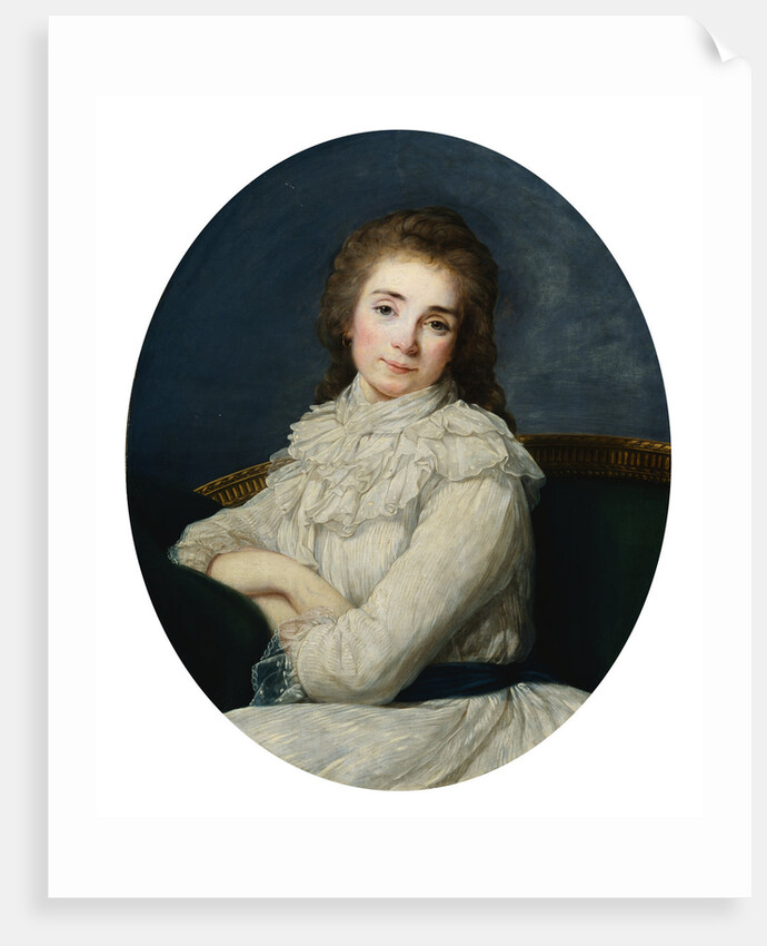 Portrait of a Lady Wearing a White Dress Tied With a Blue Sash On a Sofa by Angelica Kaufmann