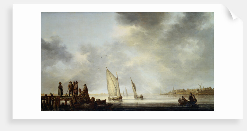 Painting of a River Landscape with Sailing Vessels, a Rowing Boat and Sportsmen on a Jetty by Aelbert Cuyp