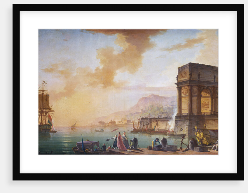 Painting of Morning, a Capriccio of the Embarking of a Ship from Marseille by Charles F. Lacroix de Marseille