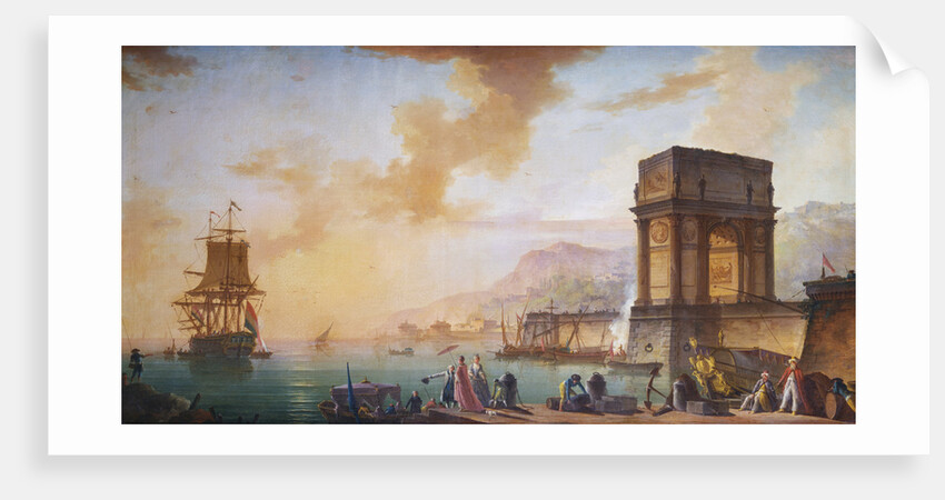 Painting of Morning, a Capriccio of the Embarking of a Ship from Marseille by Charles F. Lacroix de Marseille