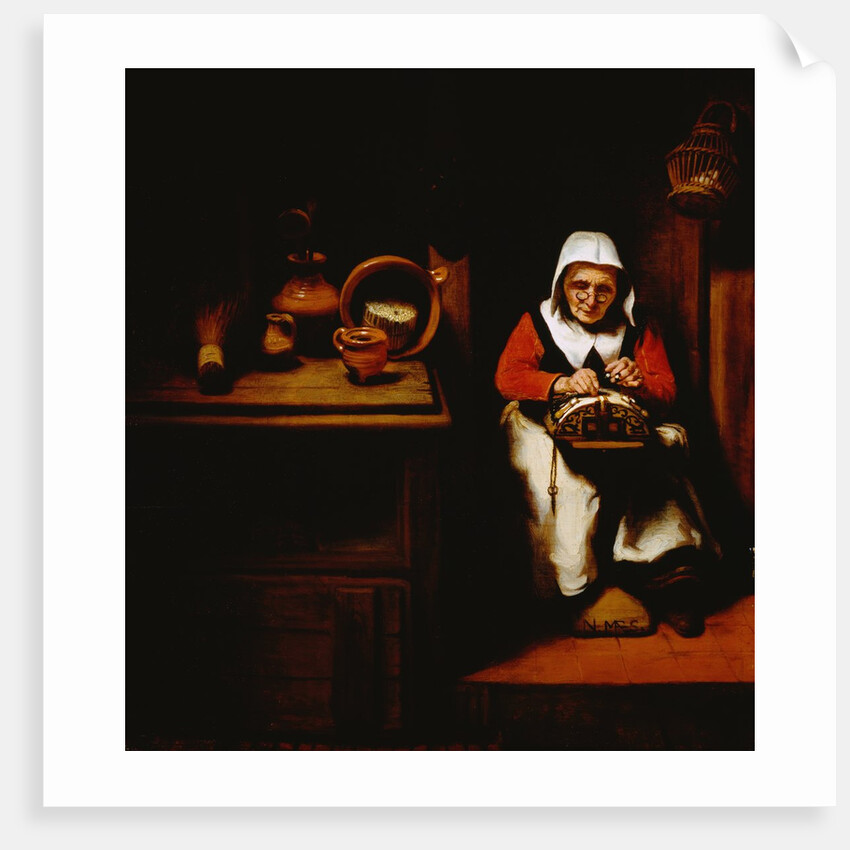 Painting of an Old Woman Making Lace in a Kitchen by Nicolaes Maes