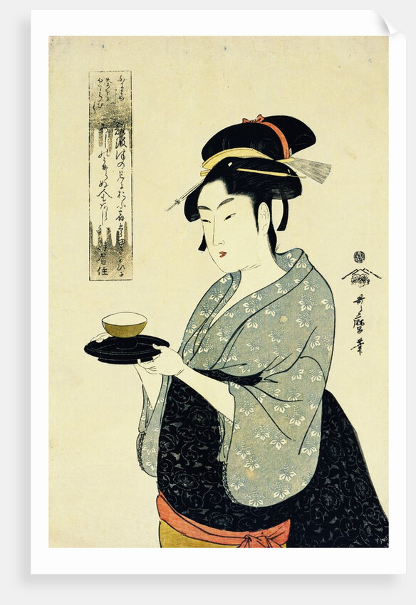 A Half-Length Portrait of Naniwaya Okita, Depicting the Famous Teahouse Waitress Serving a Cup of Tea by Utamaro