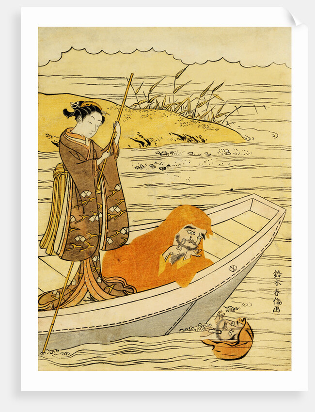 Daruma Shaving in a Boat, Watching His Reflection in the Stream, a Beauty Poling the Boat by Harunobu