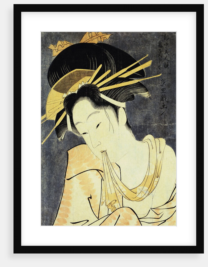 The Courtesan Kashiku of the Tsuruya Holding in Her Teeth an End of Cloth Draped Around Her Bare Shoulder by Eiri