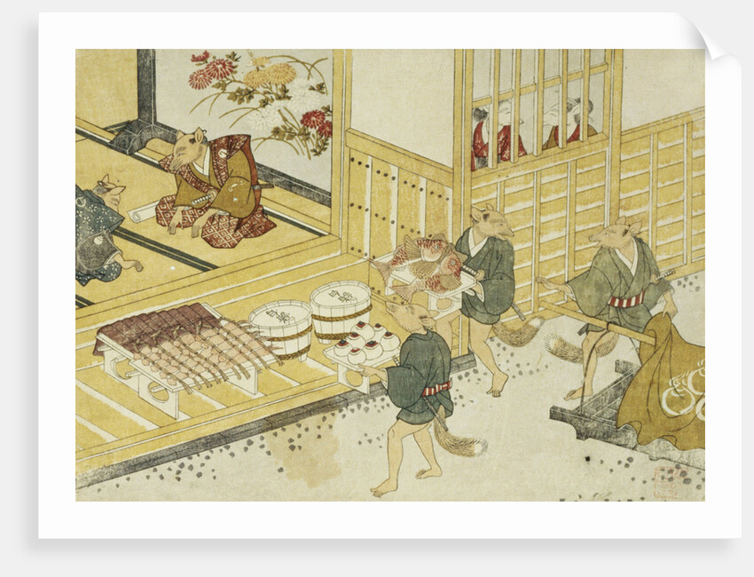 Print Depicting Figures Bringing Food by Minko and His Circle