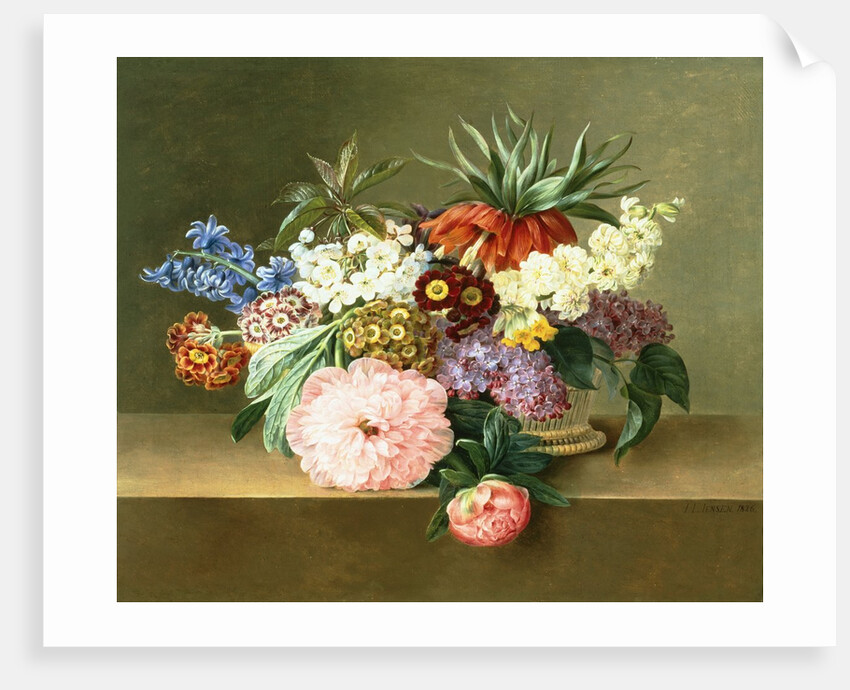 Iris, Lilac, Primulae and Blossom in a Basket by Johan Laurentz Jensen