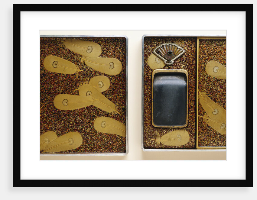 Lacquer Namban Suzuribako Decorated in Gold, Silver, Red and Black, with the Interior of the Cover Decorated with Feathers Scattered on a Gyobu-Nashiji Ground by Anonymous