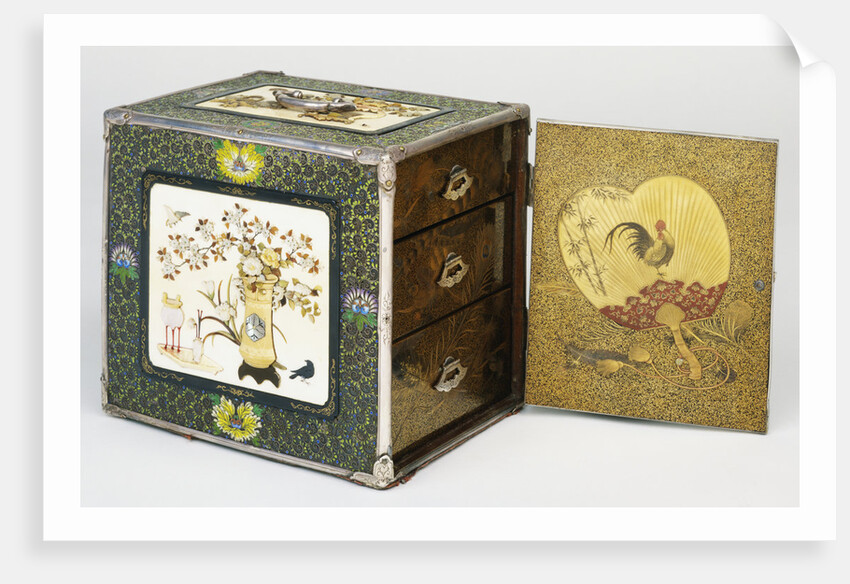 A Silver Kodansu, the Sides with Four Shibayama Panels Depicting Household Ornaments by Masayuki