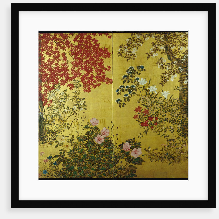 Japanese Screen with Trees and Flowering Plants by Anonymous