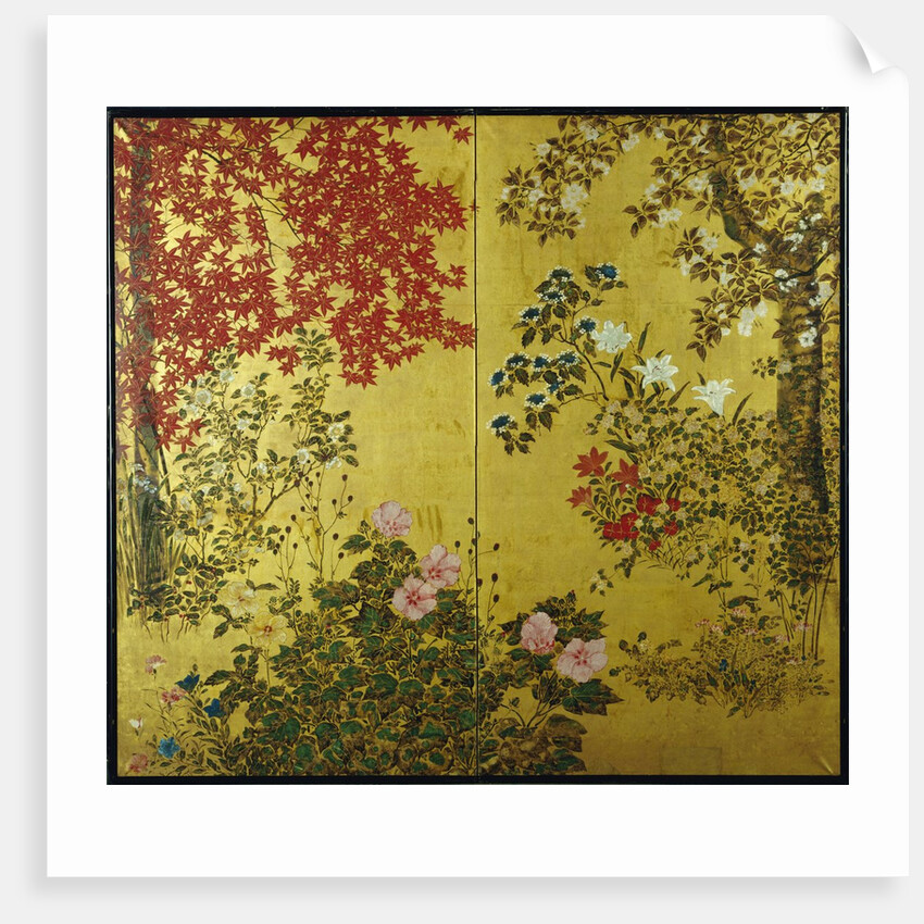 Japanese Screen with Trees and Flowering Plants by Anonymous