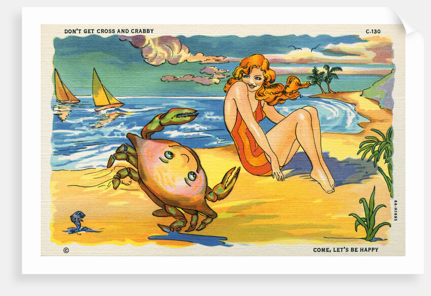 Illustration of Woman and Crab on Beach by Anonymous