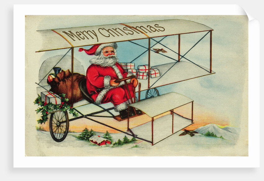 Postcard of Santa Claus Flying a Biplane by Corbis