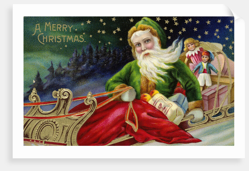 A Merry Christmas Postcard with Santa in a Sleigh by Anonymous