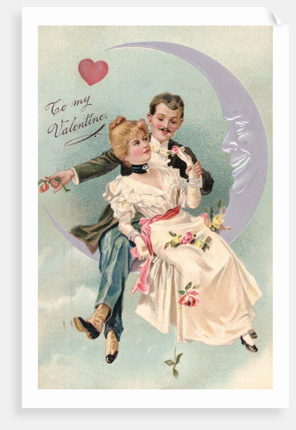 To My Valentine Postcard with Couple on Cresent Moon by Anonymous