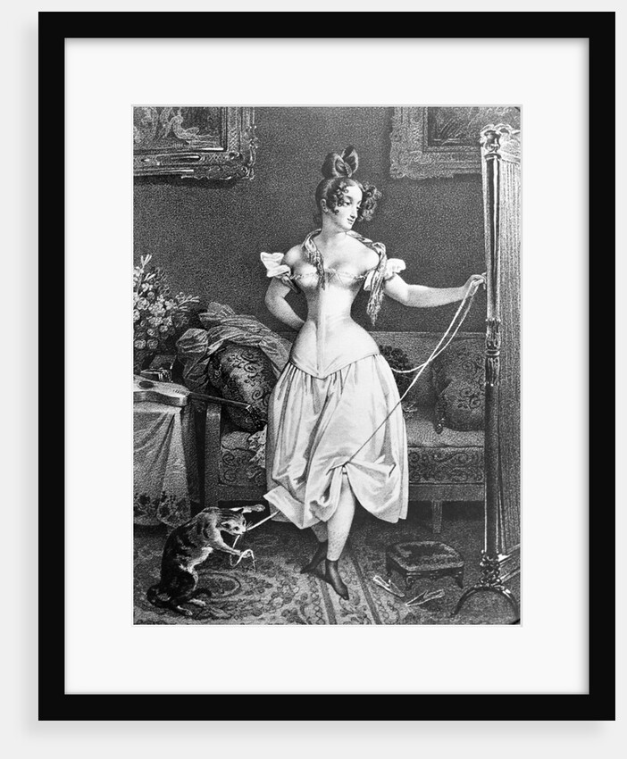 Woman in Corset with Cat Toying at Her Ribbon by Anonymous