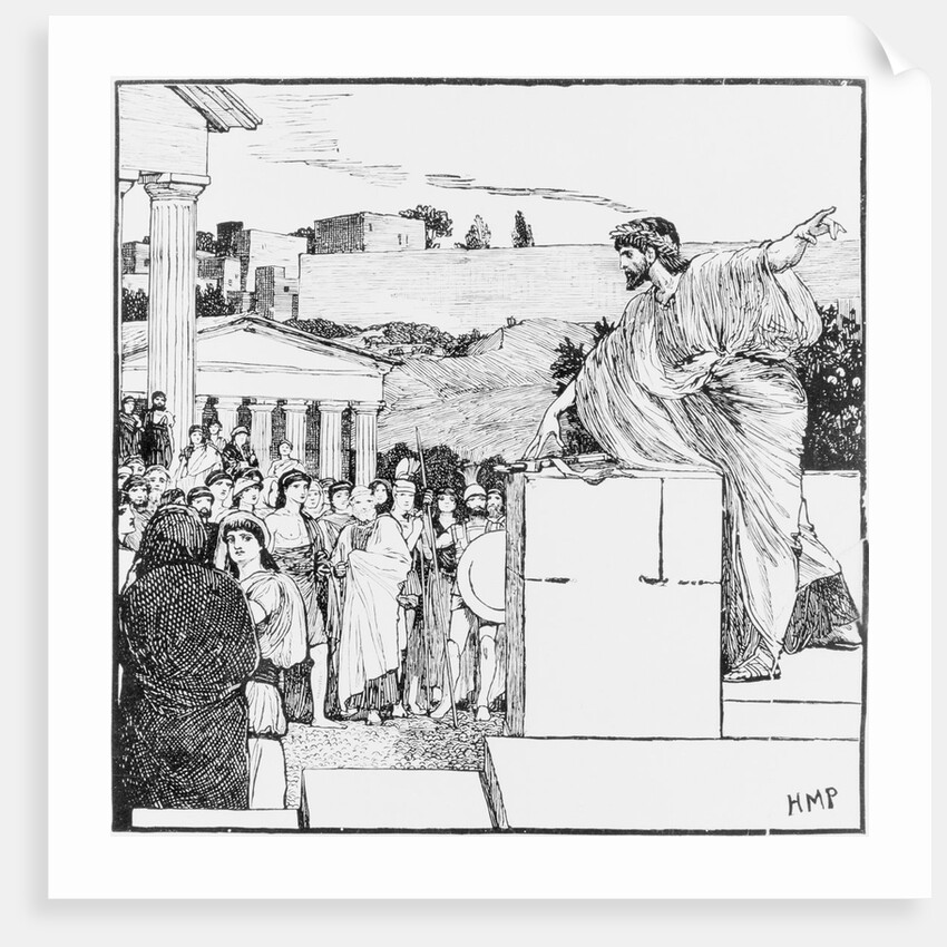 Woodcut of Demosthenes Speaking to Outdoor Assembly by Anonymous
