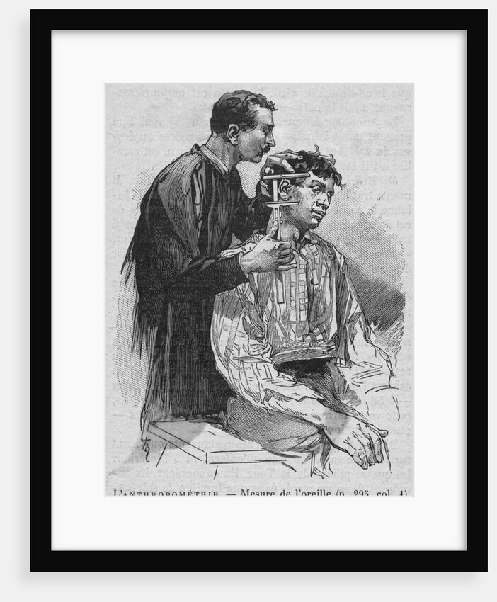 Engraving of a Man Taking Measurements of a Criminal's Ear by Anonymous