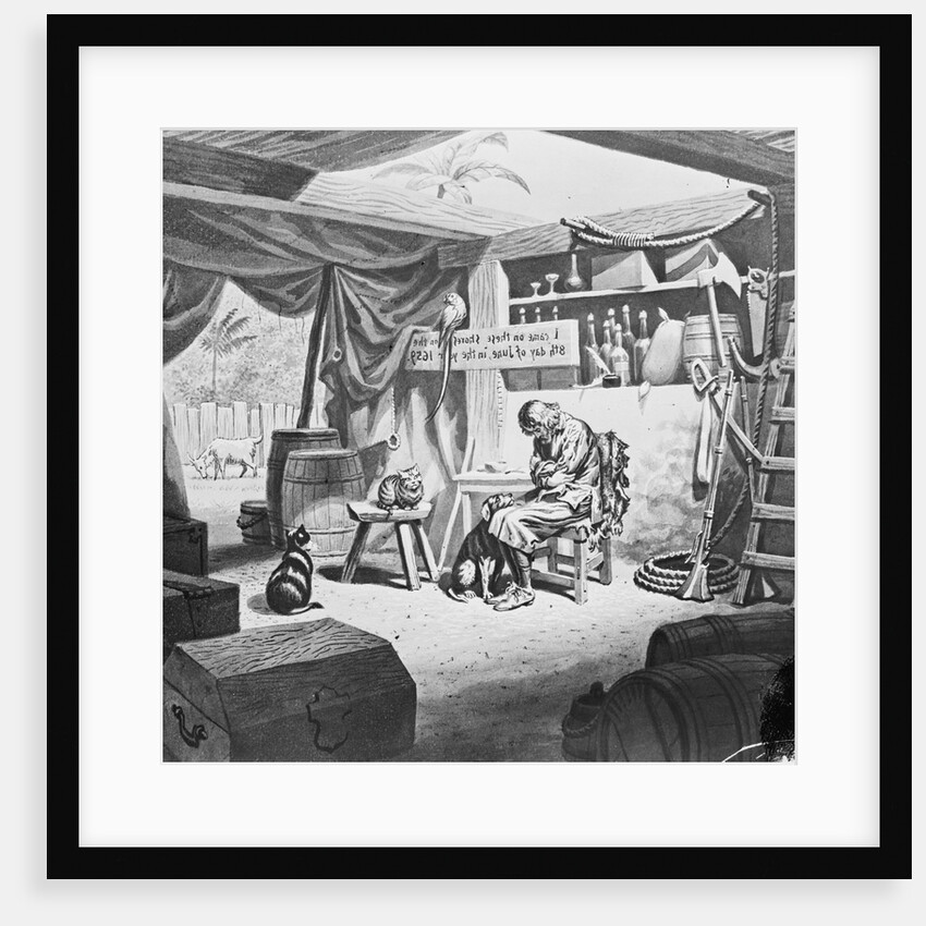 Depiction of Robinson Crusoe Alone with Animals in Makeshift Dwelling by Anonymous