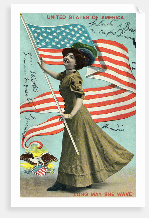 Postcard of Woman Waving American Flag by Anonymous