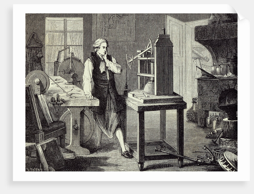 Print Depicting James Watt Studying Improvements to the Newcomen Steam Engine by Anonymous