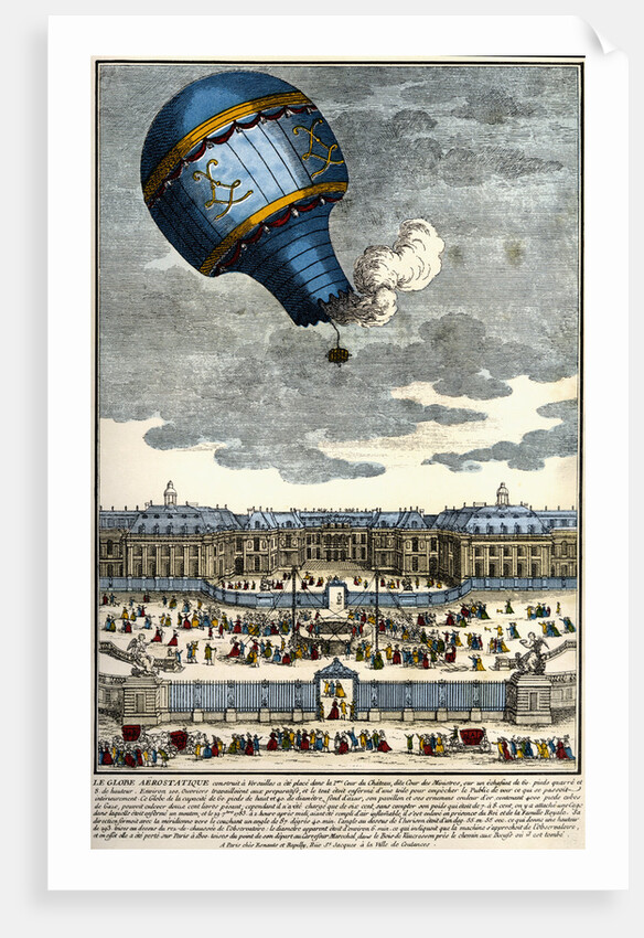 Color Engraving of Hot Air Balloon Lifting Off from the Palace of Versailles by Anonymous