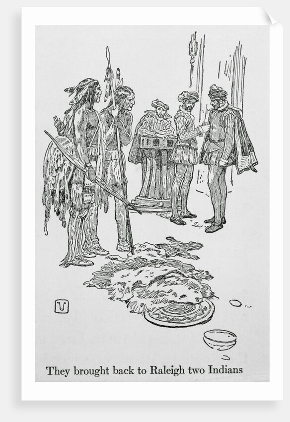 Drawing of Sir Walter Raleigh and Aids with Natives by Anonymous