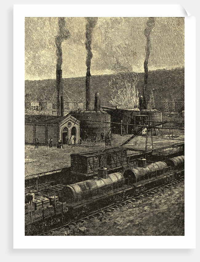 Engraving of Oil Refinery with Tank Cars by Anonymous