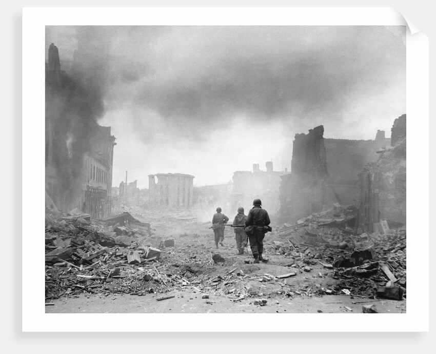 United States Soldiers Trekking Carefully Through War Torn Debris by Anonymous