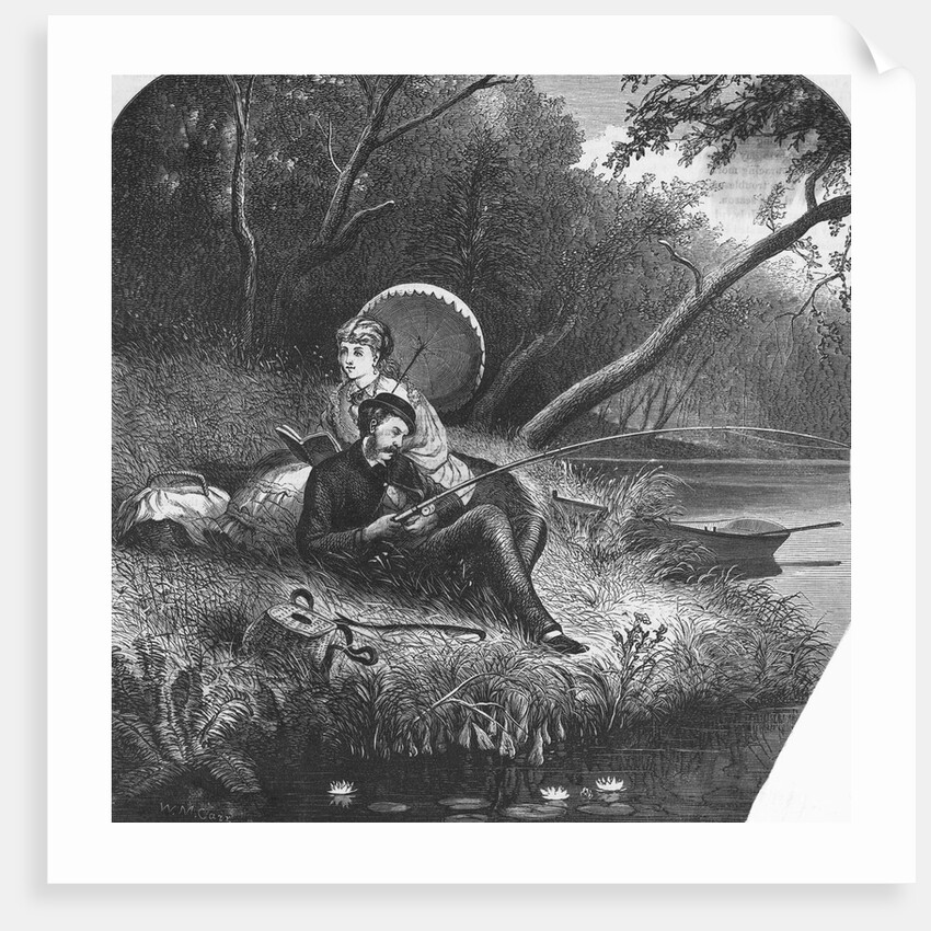 Woman Reading While Man is Fishing by Anonymous