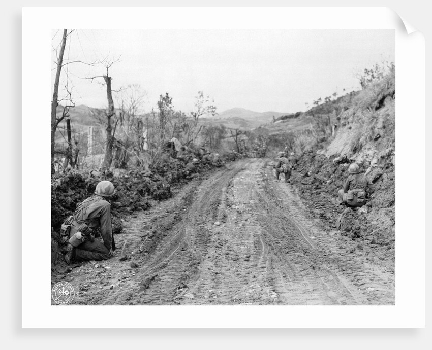 American Soldiers Kneeling on Side of Road in Okinawa by Anonymous
