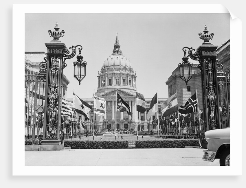 Exquisite Exterior of Building with Flags by Anonymous